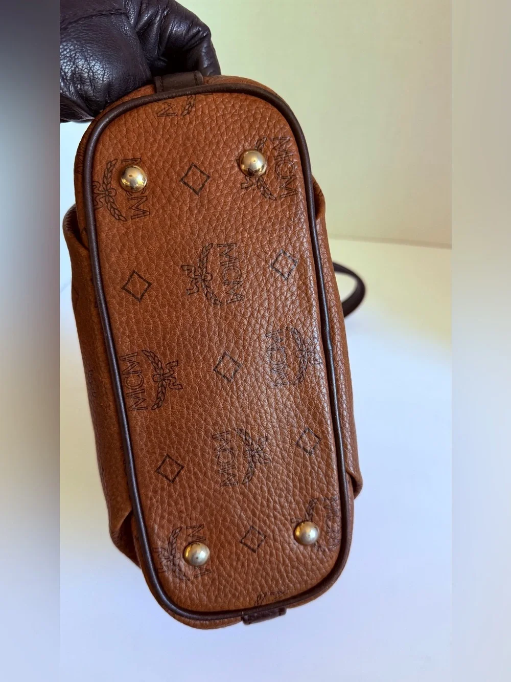 MCM Cognac Logo-Print Leather Shoulder Bag with Gold Plaque
